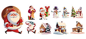 圣诞老人雪人房屋手绘矢量元素