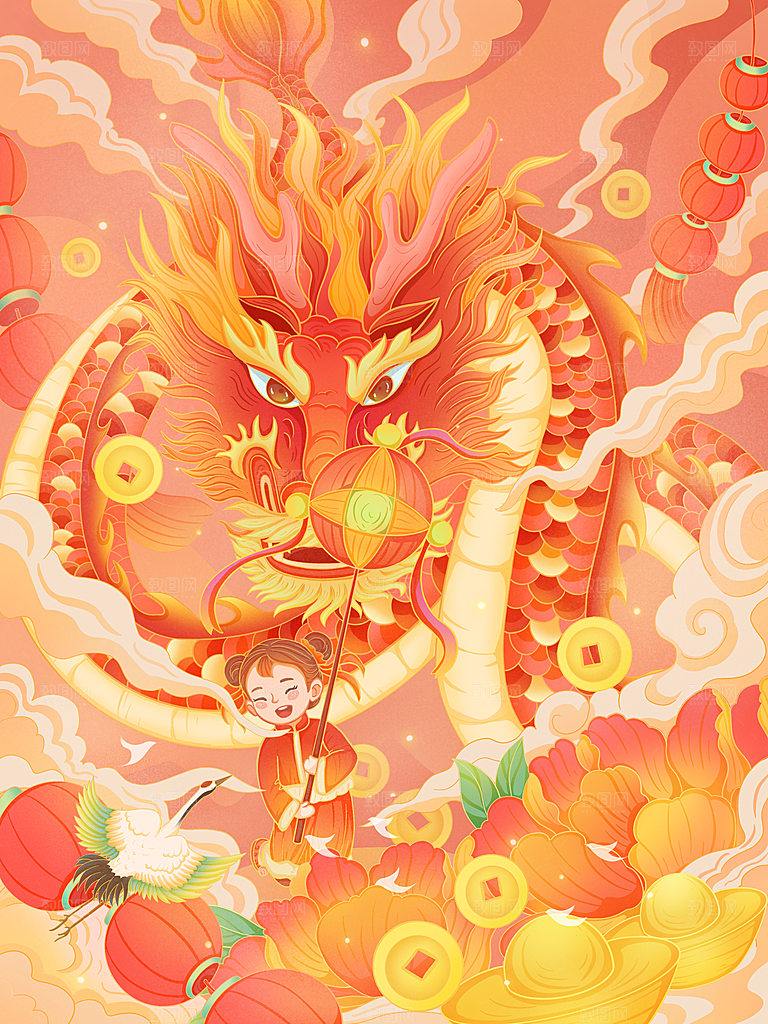 龙年新春卡通节日插画