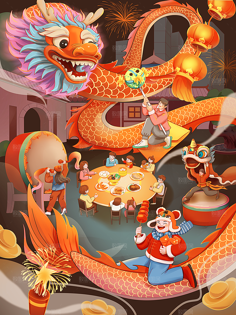 龙年新春卡通节日插画