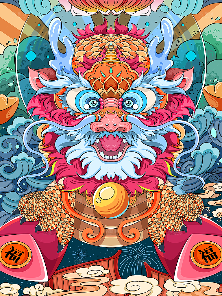 龙年新春卡通节日插画