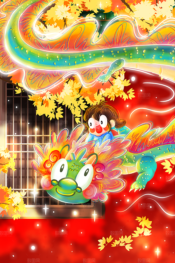 龙年新春卡通节日插画