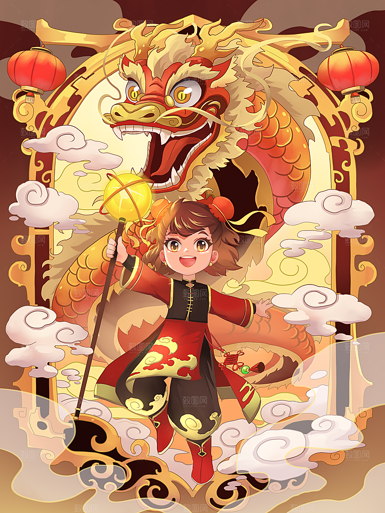 龙年新春卡通节日插画