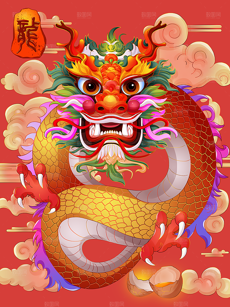龙年新春卡通节日插画