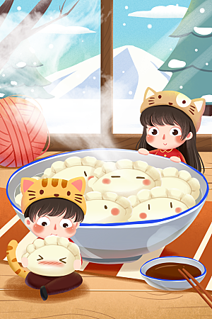 中国传统文化节日冬至雪花插画手绘海报饺子