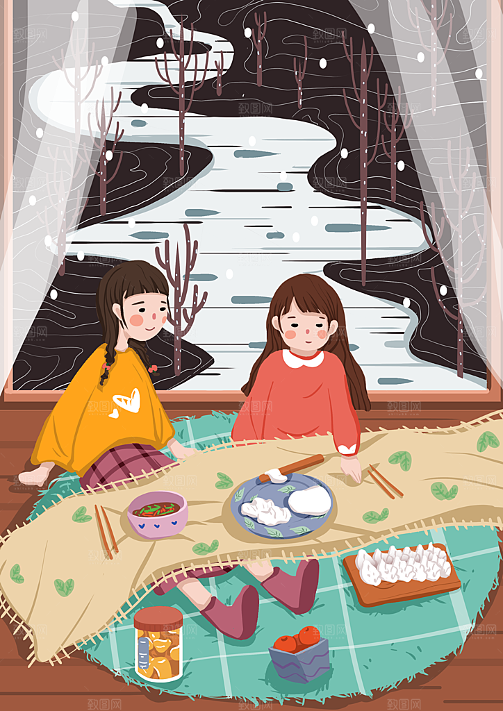 中国传统文化节日冬至雪花插画手绘海报饺子