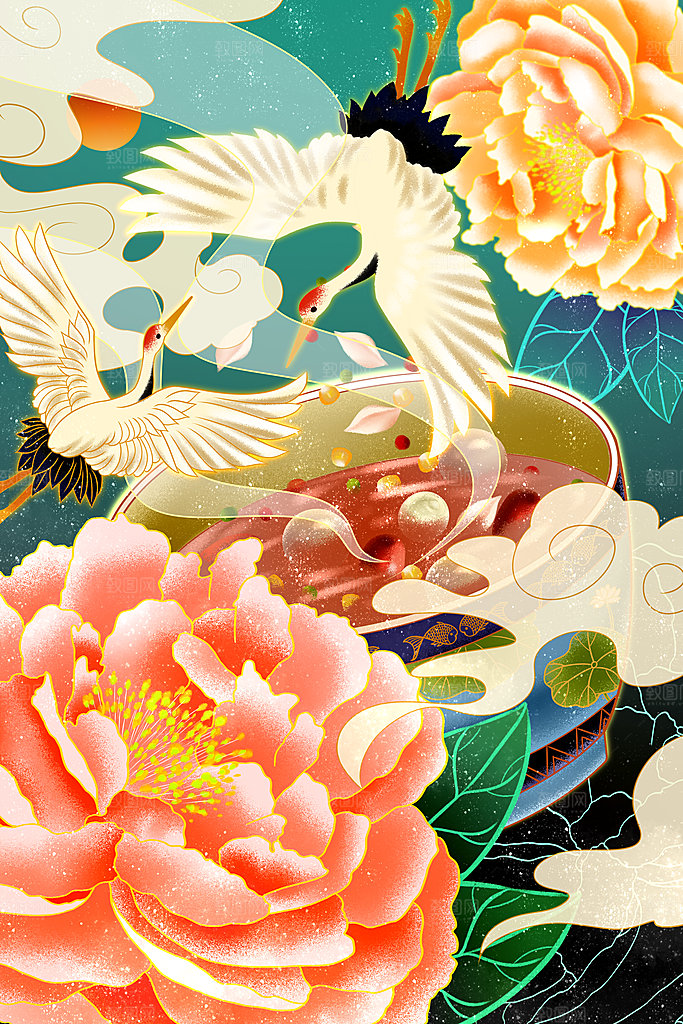 中国传统文化节日冬至雪花插画海报汤圆饺子