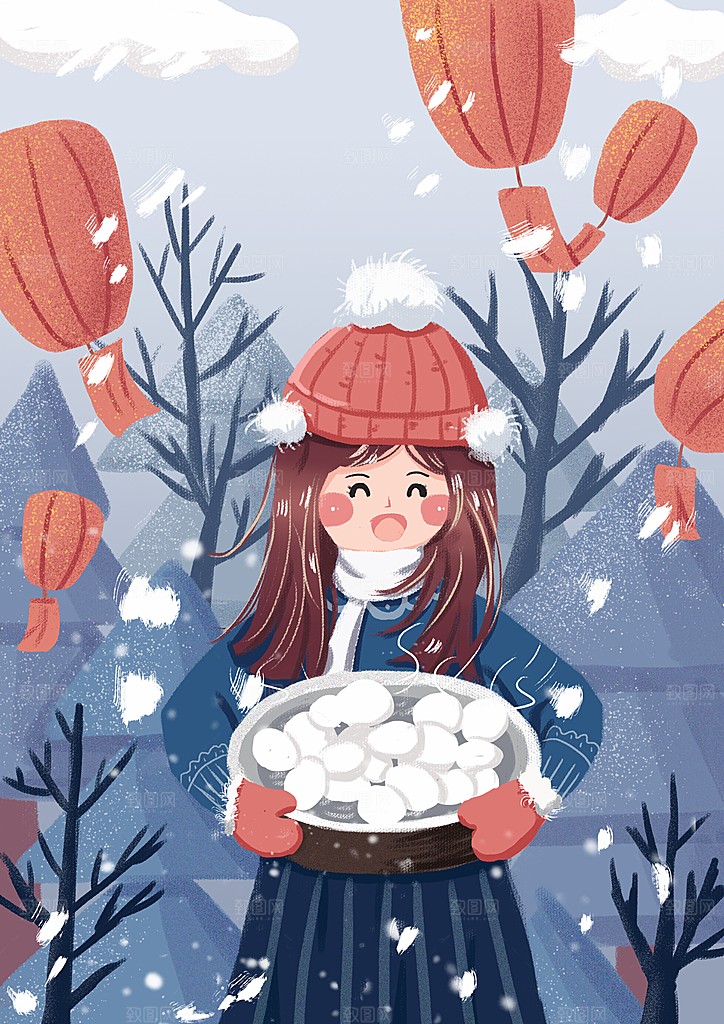 中国传统文化节日冬至雪花插画海报汤圆饺子