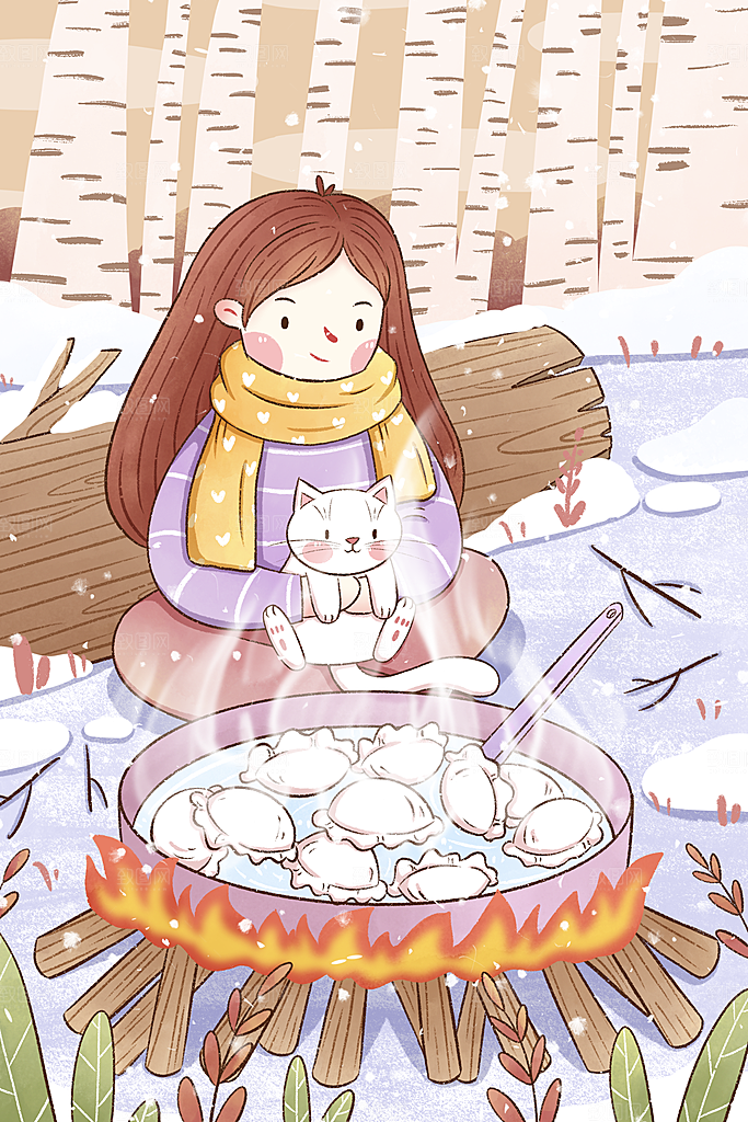 中国传统文化节日冬至雪花饺子插画海报汤圆