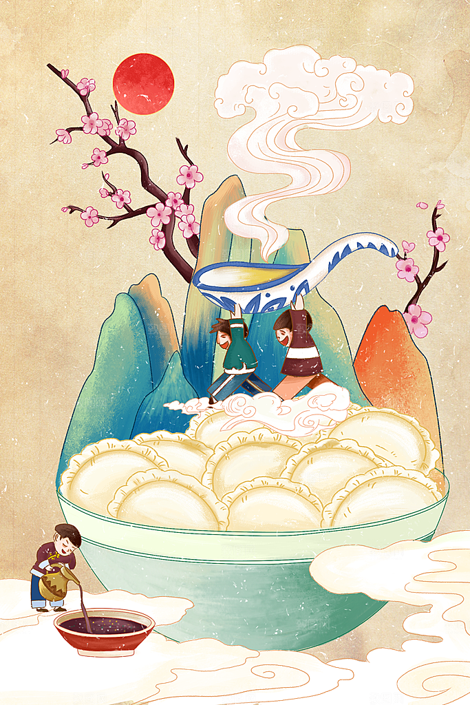 中国传统文化节日冬至雪花饺子插画海报汤圆