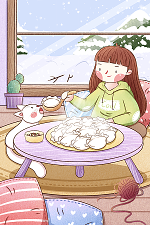 中国传统文化节日冬至插画海报手绘饺子汤圆