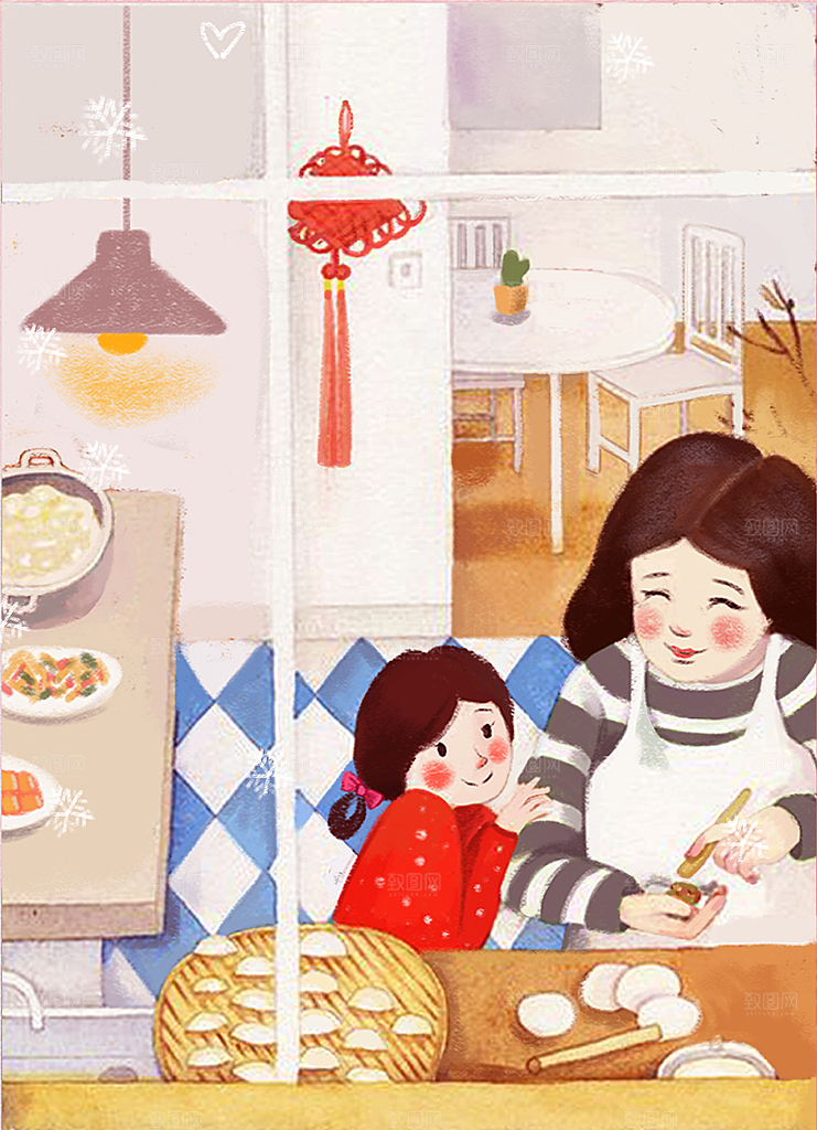 中国传统文化节日冬至插画海报手绘饺子汤圆