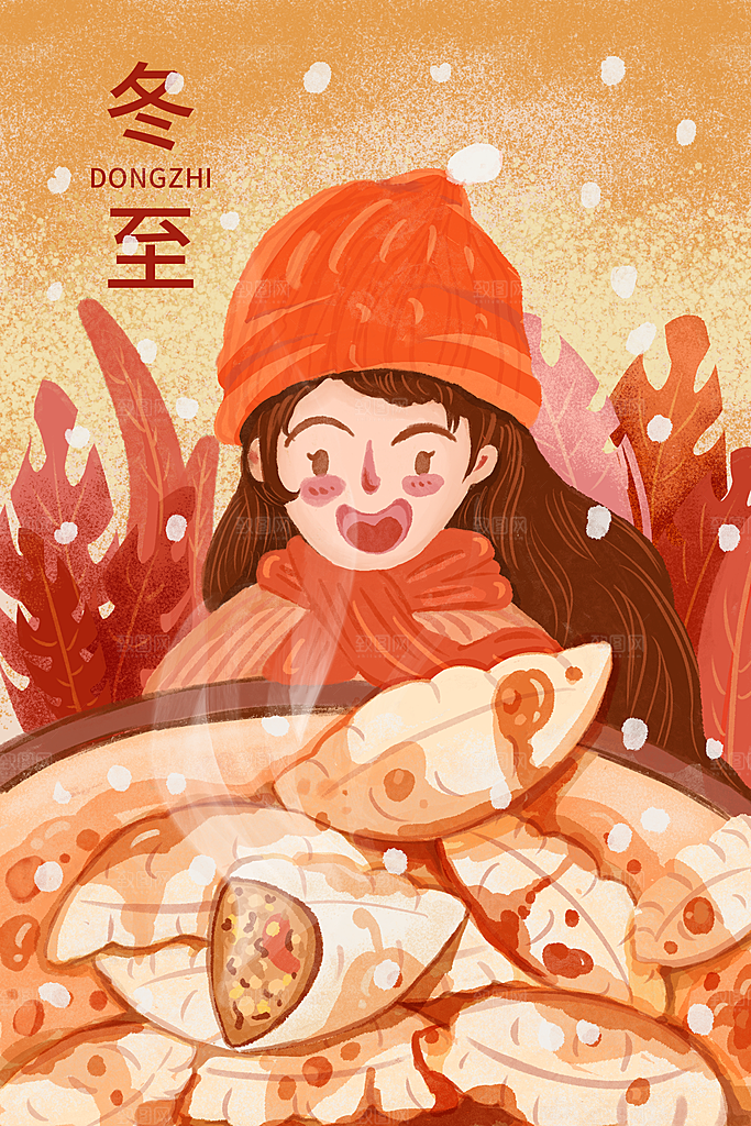 中国传统文化节日冬至插画海报汤圆饺子手绘
