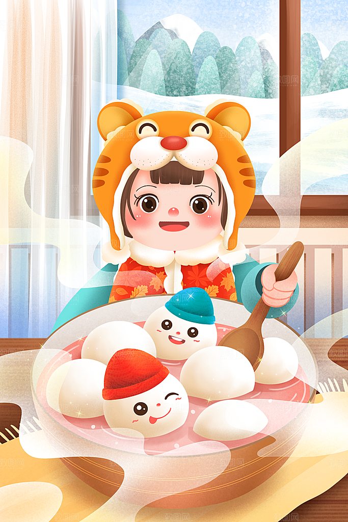 中国传统文化节日冬至插画手绘海报饺子汤圆