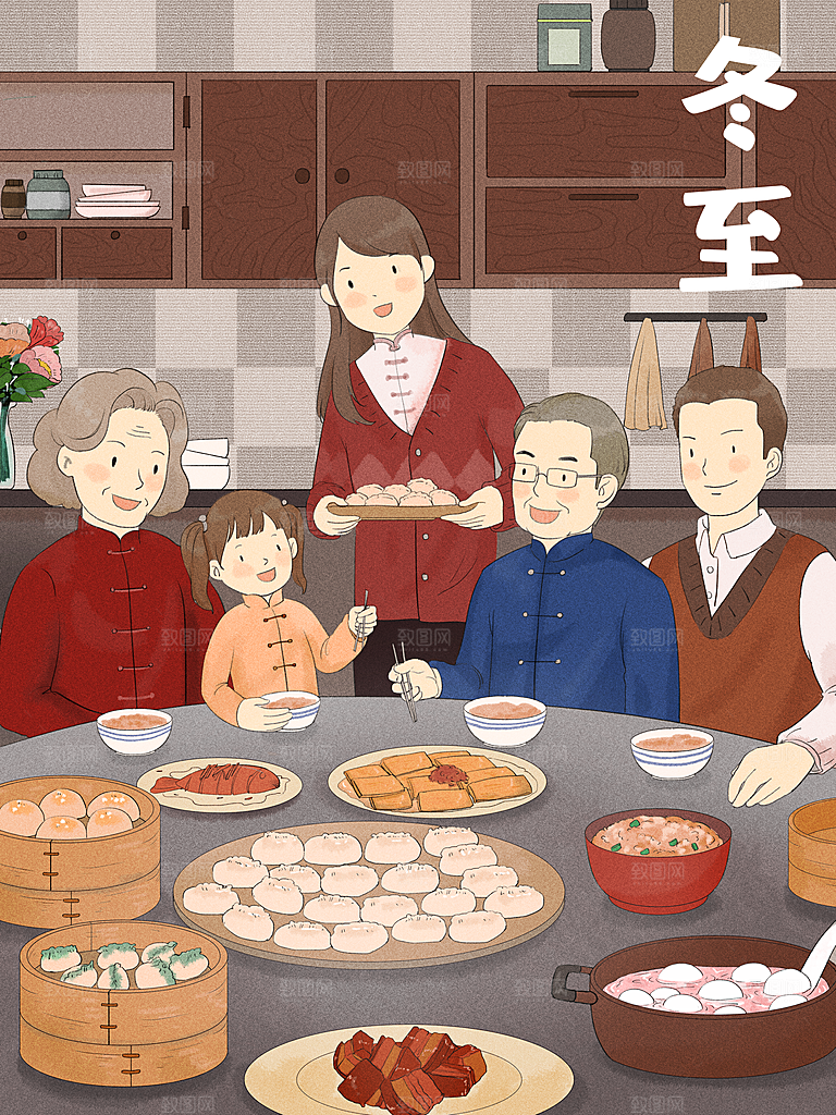 中国传统文化节日冬至雪花插画饺子海报汤圆