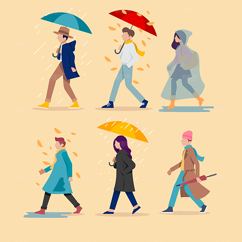 深秋下雨矢量人物元素