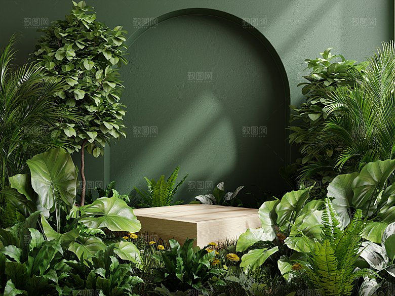 大自然绿色森林风3D立体电商产品展台背景