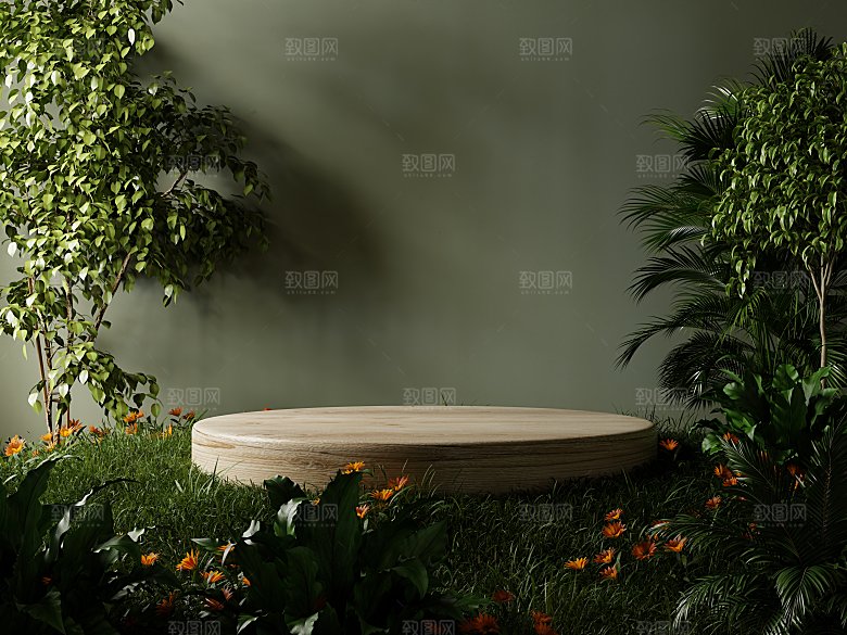 大自然绿色森林风3D立体电商产品展台背景