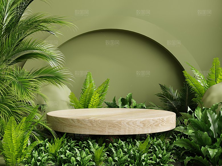 大自然绿色森林风3D立体电商产品展台背景