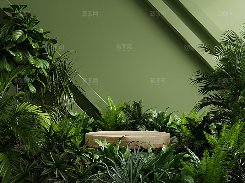 大自然绿色森林风3D立体电商产品展台背景