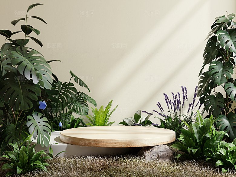 3D立体大自然绿色森林风电商产品展台背景