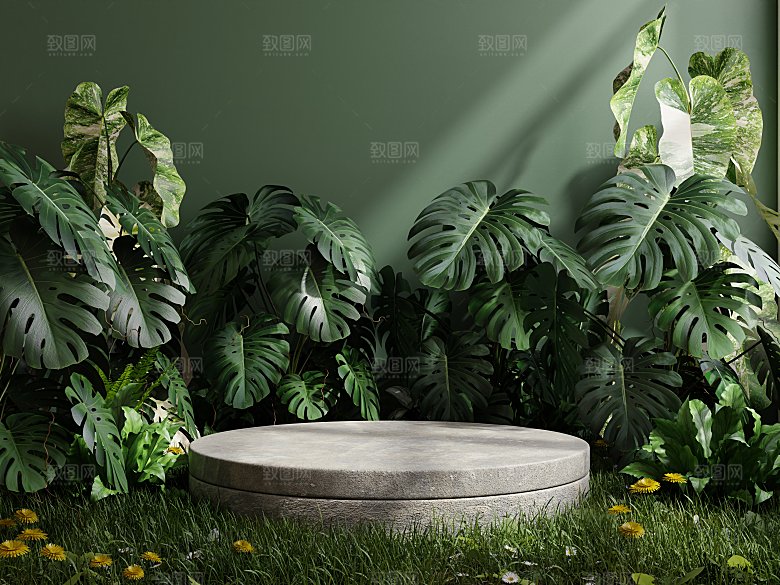 3D立体大自然绿色森林风电商产品展台背景