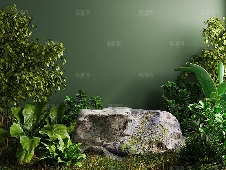 3D立体大自然绿色森林风电商产品展台背景