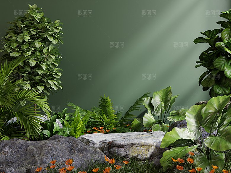 3D立体大自然绿色森林风电商产品展台背景
