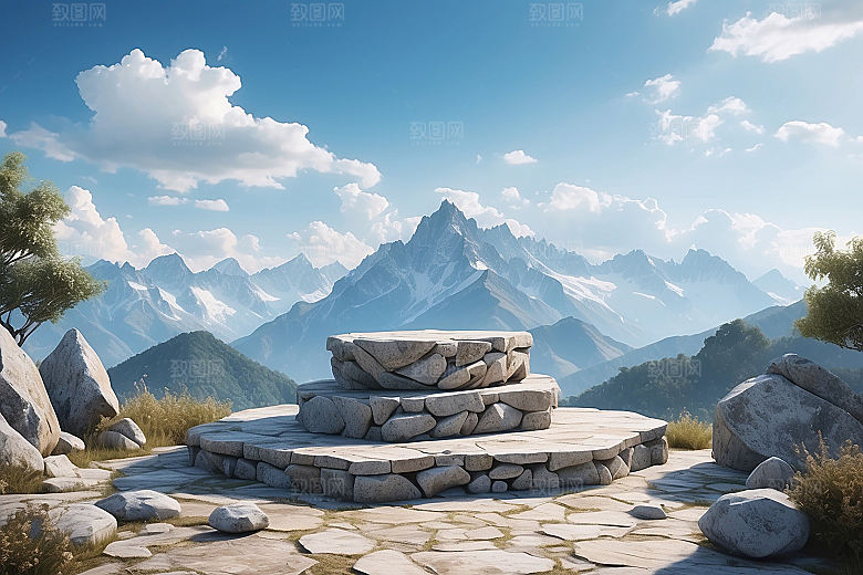 3D立体高山顶岩石电商产品展台背景
