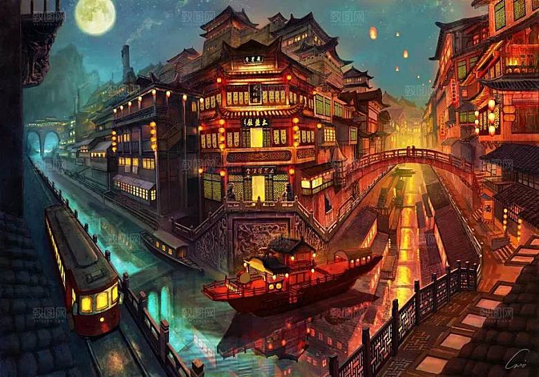 中国风国潮中式古风场景华灯繁华夜市背景