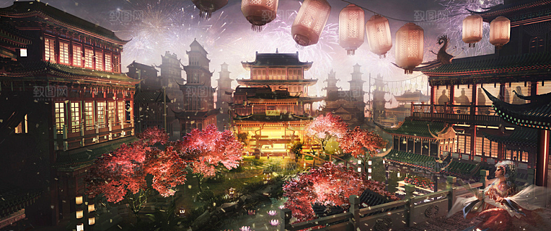 中国风国潮中式古风场景华灯繁华夜市背景