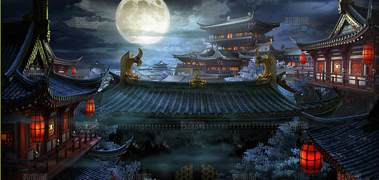 中国风国潮中式古风场景华灯繁华夜市背景