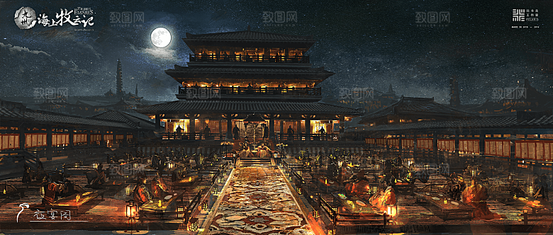 中国风国潮中式古风场景华灯繁华夜市背景