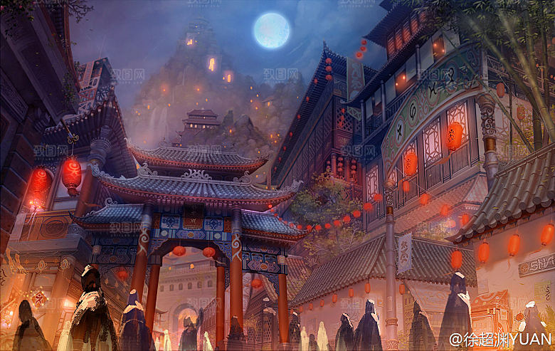 中国风国潮中式古风场景华灯繁华夜市背景