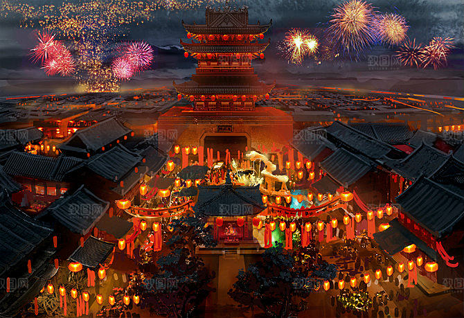 中国风国潮中式古风场景华灯繁华夜市背景