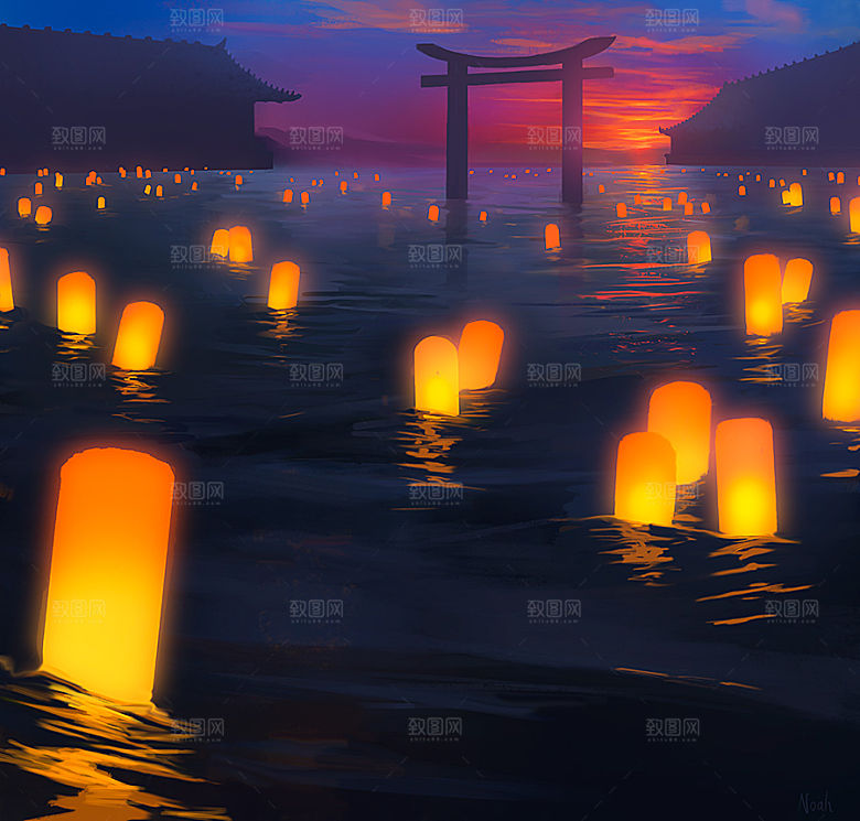 中国风国潮中式古风场景华灯繁华夜市背景