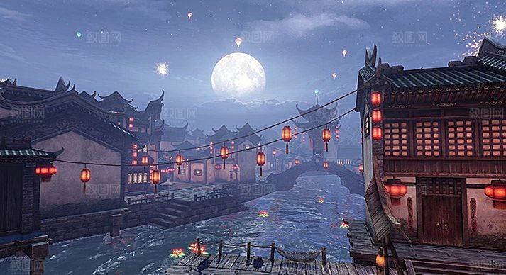 中国风国潮中式古风场景华灯繁华夜市背景