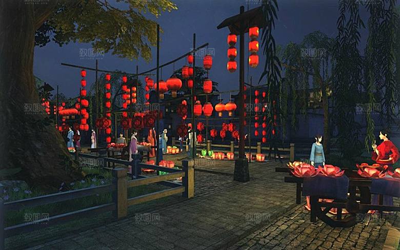 中国风国潮中式古风场景华灯繁华夜市背景