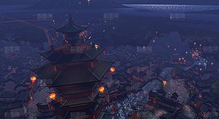 中国风国潮中式古风场景华灯繁华夜市背景