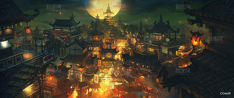 中国风国潮中式古风场景华灯繁华夜市背景