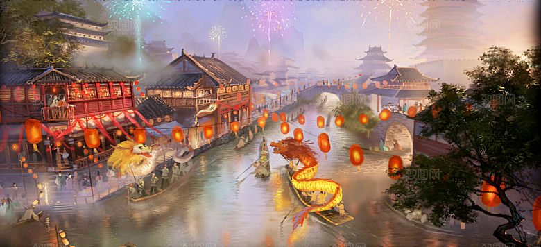 中国风国潮中式古风场景华灯繁华夜市背景