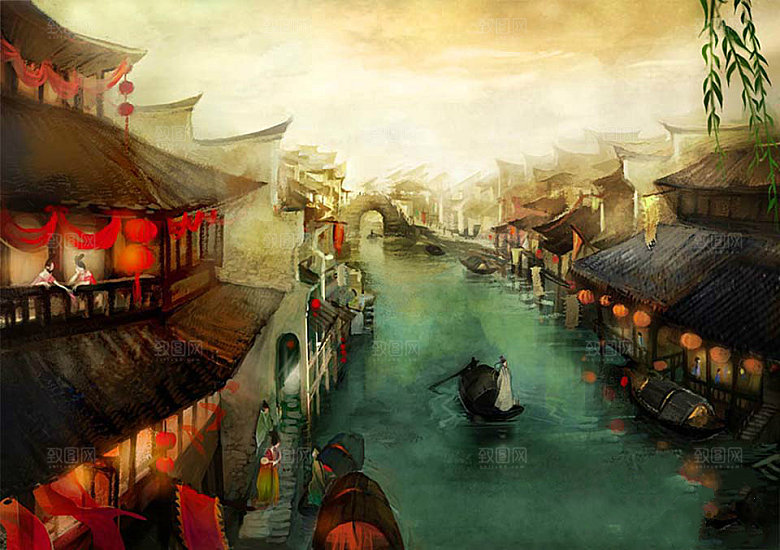 中国风国潮中式古风场景华灯繁华夜市背景