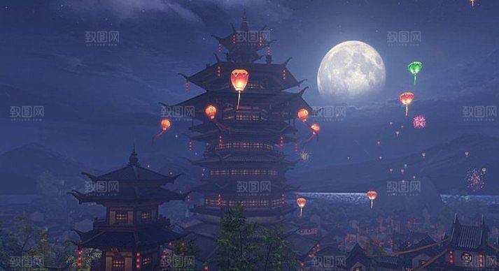 中国风国潮中式古风场景华灯繁华夜市背景