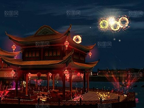 中国风国潮中式古风场景华灯繁华夜市背景