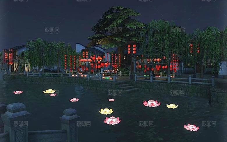 中国风国潮中式古风场景华灯繁华夜市背景