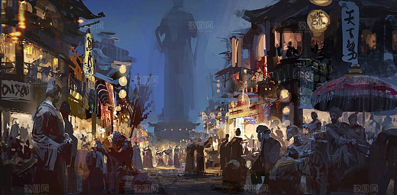 中国风国潮中式古风场景华灯繁华夜市背景