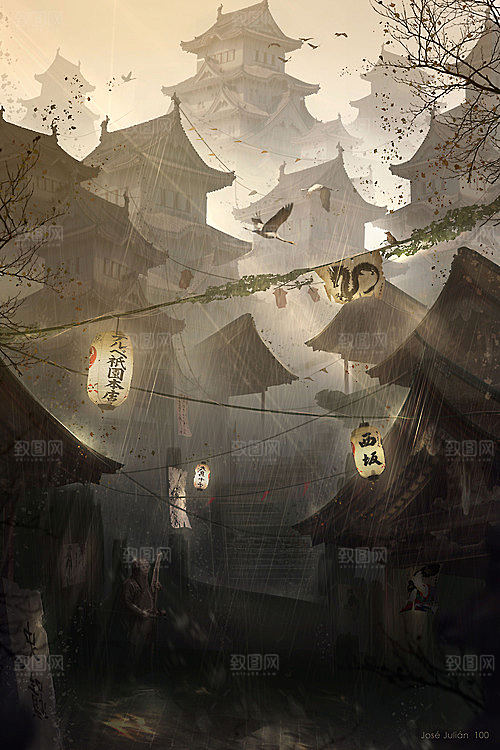 中国风国潮中式古风场景华灯繁华夜市背景