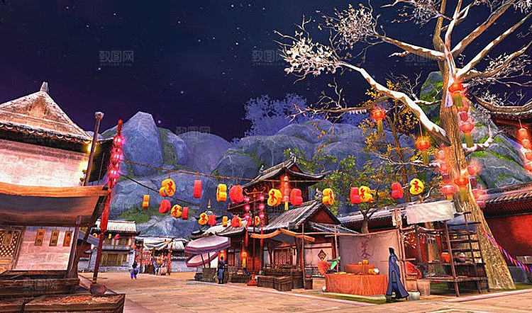 中国风国潮中式古风场景华灯繁华夜市背景