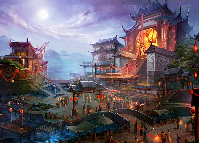 中国风国潮中式古风场景华灯繁华夜市背景