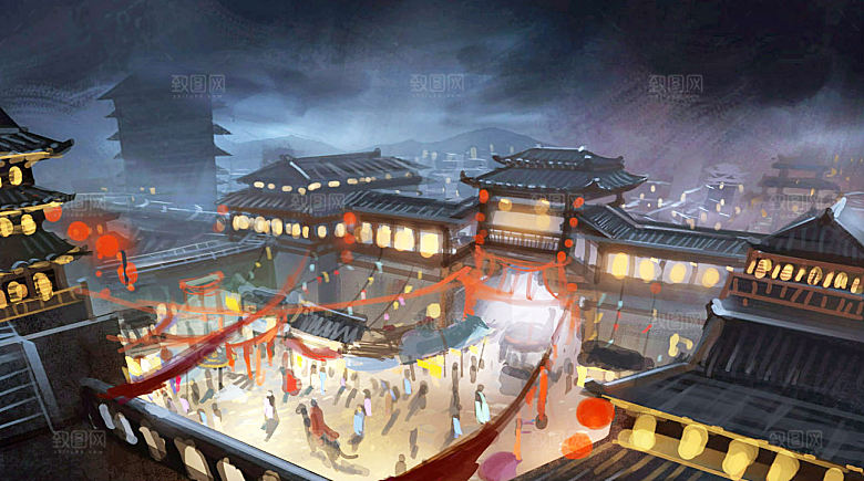 中国风国潮中式古风场景华灯繁华夜市背景