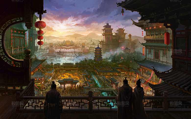 中国风国潮中式古风场景华灯繁华夜市背景